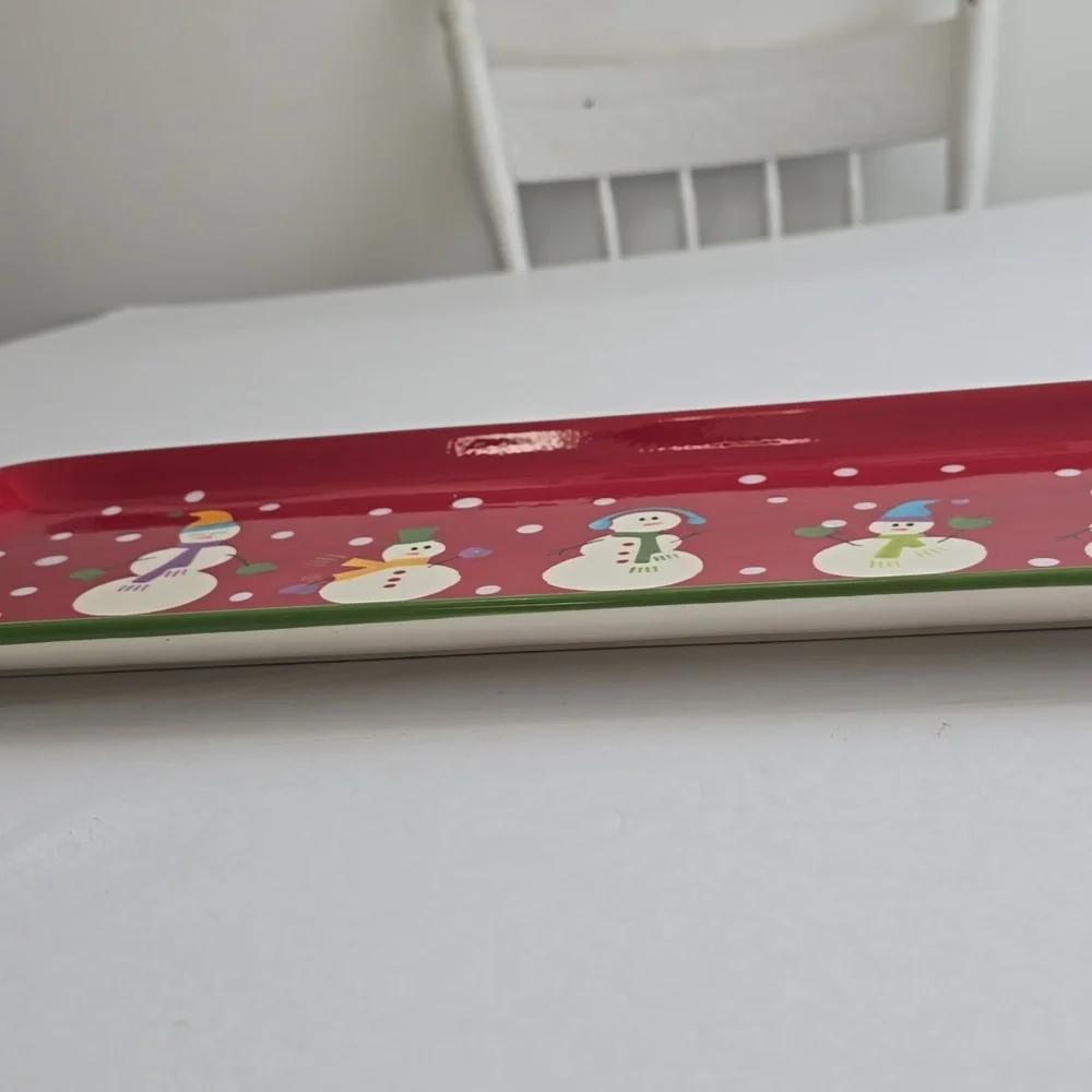 Pier 1 Retired Snowman Family Serving Platter Handpainted Dolomite Red 18.5